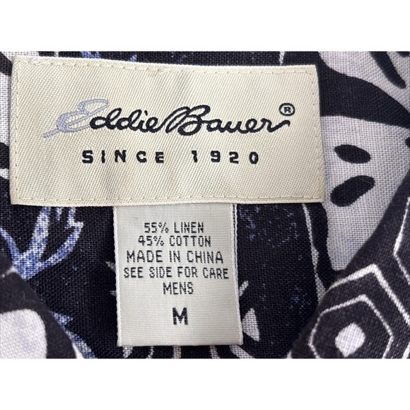 Eddie Bauer Men's M Black White Retro Linen Blend Tropical Hawaiian Short Sleeve - Picture 2 of 13